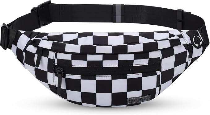 MAXTOP Large Checkered Fanny Pack Crossbody Belt Bag for Shopping Traveling | Black and White Checkered,4-Zipper Pockets,Enjoy Shopping Sports Running Casual Hands-Free Passport Waist Bag