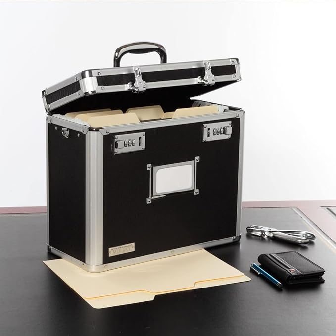 Vaultz File Organizer Storage Box, Letter Size, 14 x 7 x 12.19 In, Black | Locking storage tote with dual combination locks, keeps office documents secure and organized for filing needs