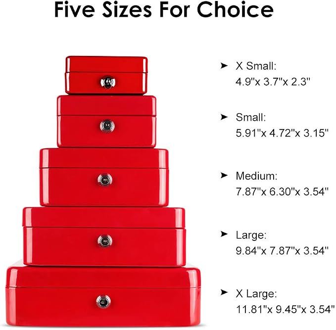 Kyodoled Medium Cash Box with Money Tray,Small Safe Lock Box with Key,Cash Drawer,7.87"x 6.30"x 3.54" Red Medium