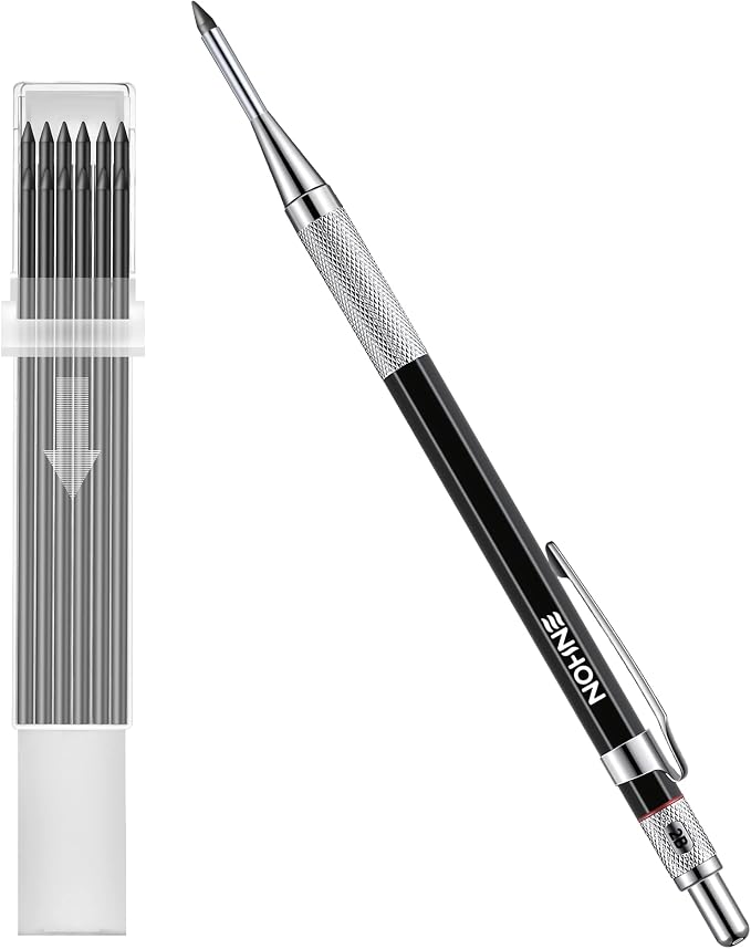 Enhon 2mm Carpenter Pencil Set with 12 Refills and Sharpener, Black | Woodworking Marking Tool Solid Deep Hole Construction Mechanical Pencil, Extended Needle-Nose Tip for Use in Jobs