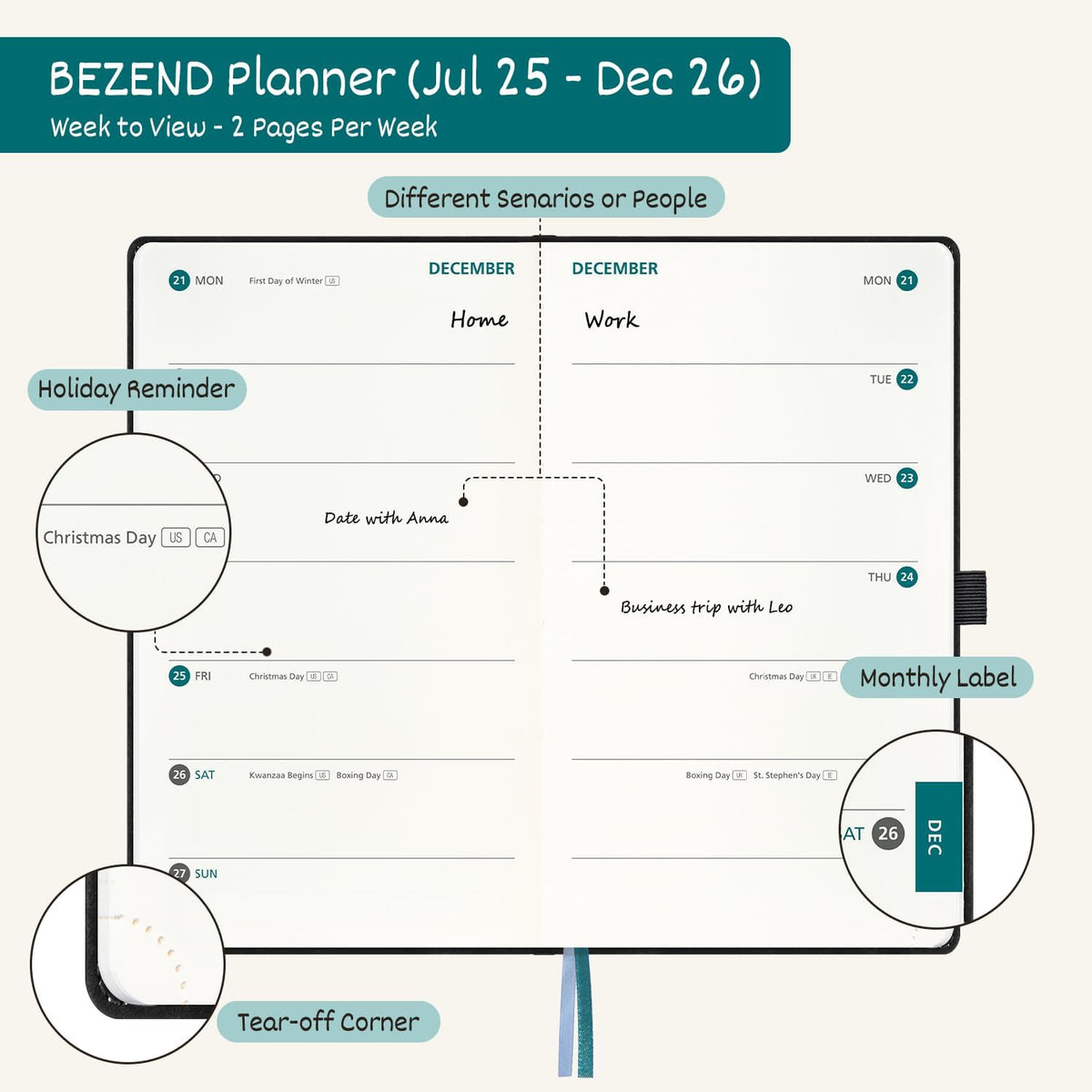 BEZEND Pocket Planner 2025-2026 Weekly with 2 Columns, 18-Month Academic Calendar (Jul 25-Dec 26), Life Work Appointment, Storage Pocket, Pen Holder, PU Leather Hardcover 3.5" x 6" - Mustard
