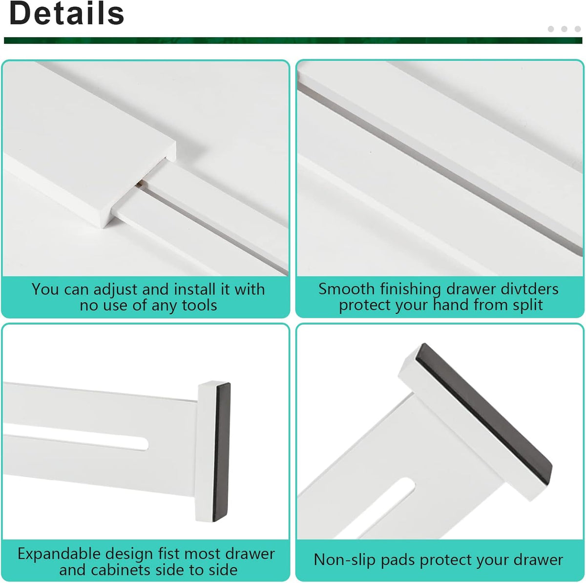 FJO 4 Pack Adjustable Bamboo Drawer Dividers - 11.8" - 17" Expandable Drawer Separators for Kitchen, Utensils, Clothes, Bedroom, Dresser, Bathroom (White)