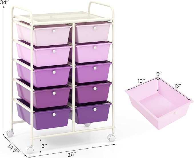 BECOMFORT 10-Drawer Rolling Cart with Drawers, Storage Cart on Wheels, Teacher Classroom Organizers with Metal Frame, Mobile Craft Cart, Trolley Utility Cart for School Office Play Room