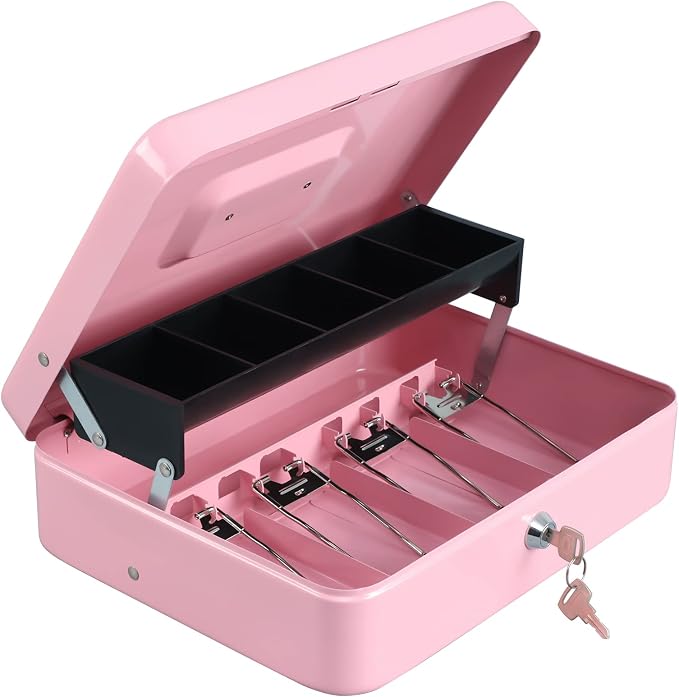 xydled Cash Box with Money Tray and Key Lock,Tiered, Cantilever Design,4 Bill / 5 Coin Slots,11.8" x 9.5" x 3.5",Pink