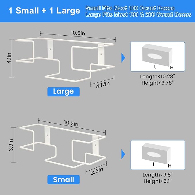 THYGIFTREE Glove Box Holder Wall Mount Dispenser, 2 Pack with 1 Small + 1 Large Rack, Small Fits 100 Count Boxes, Large Fits 100 & 200 Count Boxes, Fits Most Nitrile Latex & Vinyl Glove Boxes, White