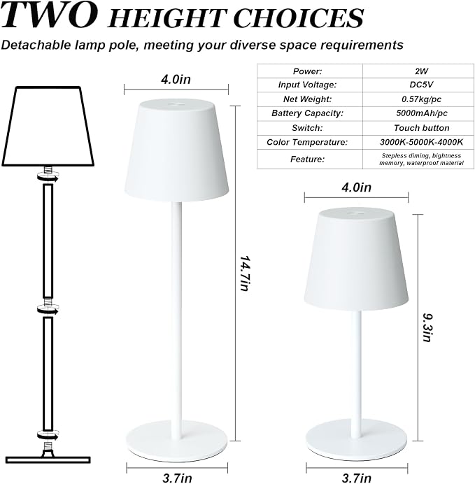 Kakanuo White Cordless Table Lamp Rechargeable - 2 Pack 5000mAH Battery Operated Lamp for Table, 3 Color Stepless Dimming Wireless Lamp for Kitchen Counter, Touch Control