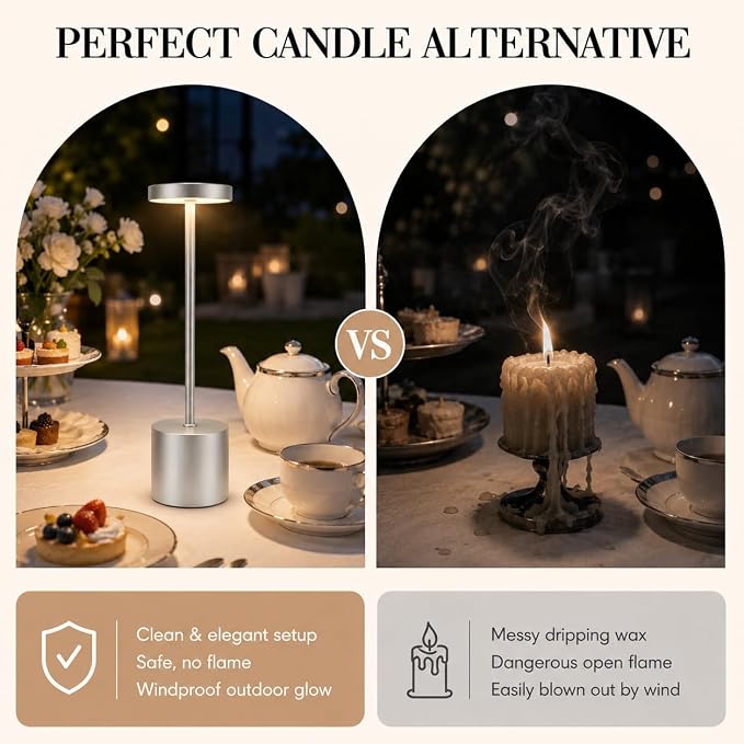 AUDLES Silver Rechargeable Table Lamps 2 Pack, Cordless Battery Operated LED Desk Lamp with Touch Control, 3 Color Temperatures, Dimmable Portable Lamps for Bedroom, Dining Room, Patio, Restaurant