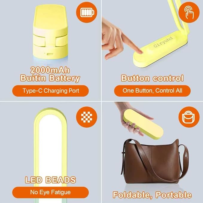 Giryuhd LED Desk Lamp for Office Home & Battery Operated Lamp Rechargeable Lamp Foldable & Portable Light, LED Desk Light Strip, 3 Brightness Dimmable Small Desk Lamp Reading Lamp (Yellow)