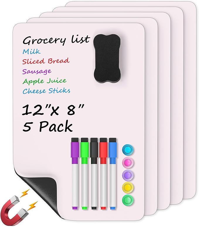 MaxGear Magnetic Whiteboard for Fridge 12x8 Pink 5 Pack | Strong Magnet, Dry Erase, Reusable, Easy Clean, Stain Resistant, Meal Planner, Grocery List, Family Notes, Kitchen Organizer