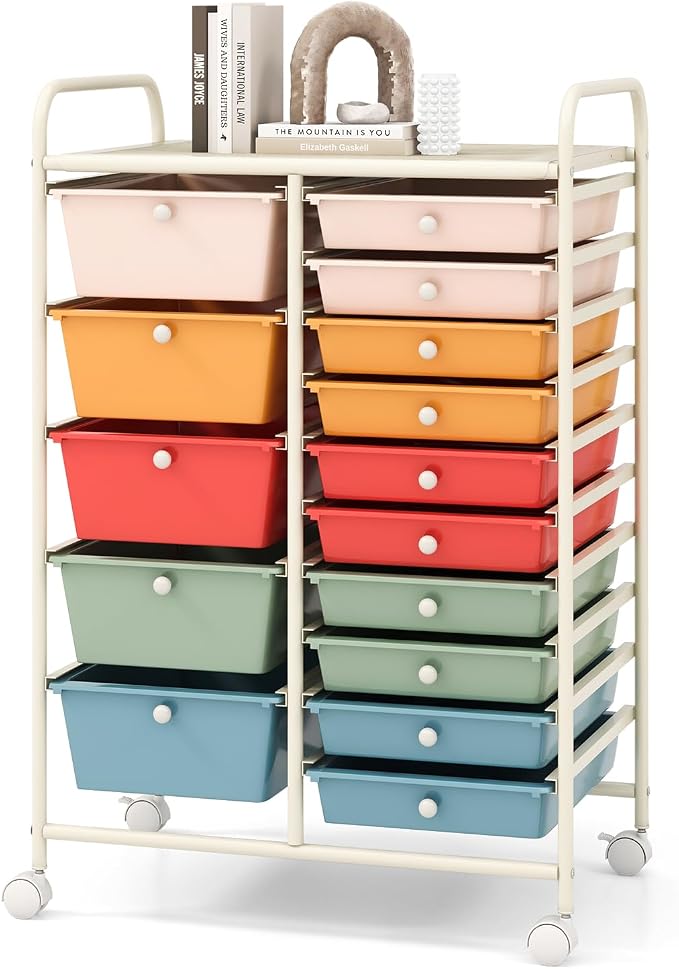 COSTWAY 15 Drawer Rolling Storage Cart, Mobile Storage Organizer | Removable Drawers & Metal Frame, Multipurpose Utility Tools Paper Organizer on Wheels for Home, Office (Macaron)