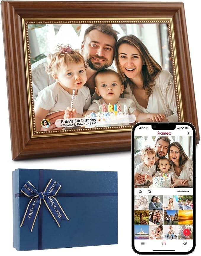 Frameo Digital Frame 10.1 Inch WiFi Digital Photo Frame with 32GB Storage, 1280x800 HD IPS Touch Screen Picture Frames Slideshow, Long Distance Realationship Gifts, Elderly Tech (Maple Brown)