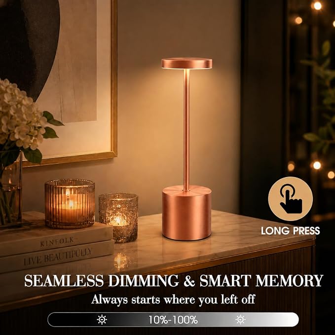 AUDLES Cordless Table Lamp, 5000mAh Rechargeable Lamp with Touch Control & Stepless Dimming, 3 Light Modes, IP54 Waterproof Portable Light for Dining Table, Patio, Bathroom, Power Outage (Rose Gold)