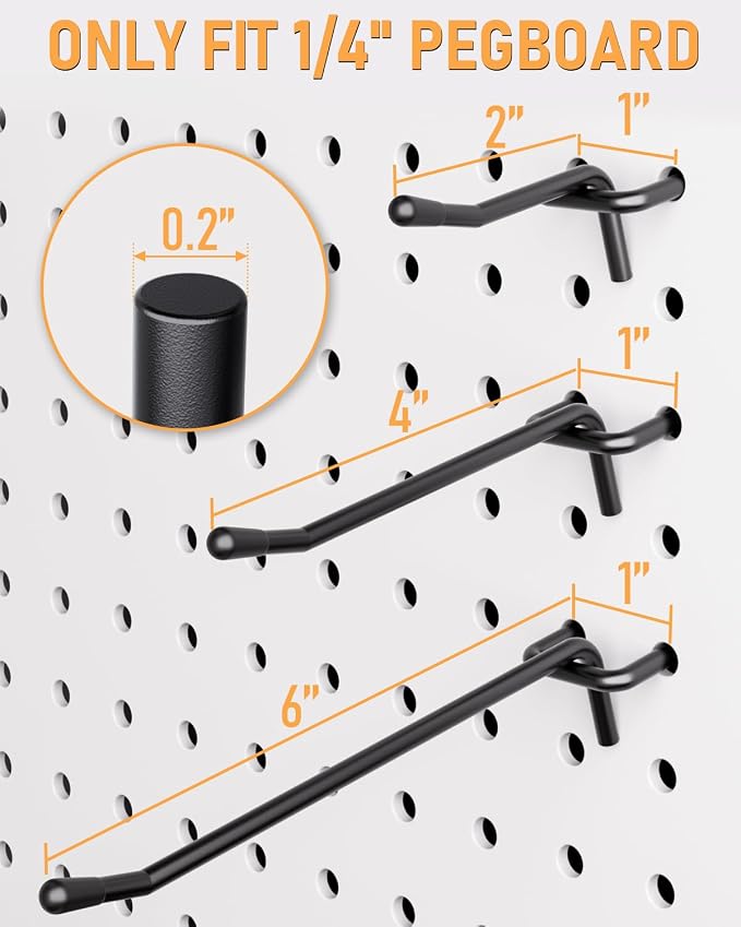 INCLY 120 Pack 2/4/6 Inch Black Pegboard Hooks, 1/4" Heavy Duty | Peg Board Shelving Hooks Accessories, Fit for 1/4" Pegboard, Garage, Crafts, Kitchen, Store, Peg Board Tool Hangers