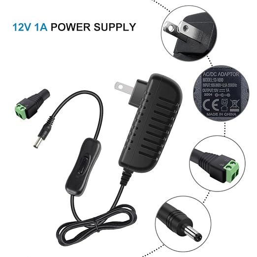 12V Power Supply, 12 Volt 1A 12W DC Power Supply with On Off Switch, Black Switching LED Power Adapter, AC 110V to 12V Transformer Plug for LED Strip Lights with 5.5/2.1 DC Female Connector