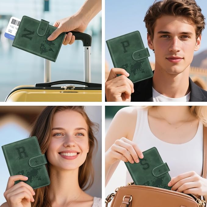 Passport Holder Wallet Cover Personalized Initial Travel Essentials | Embossed Letter A-Z Design, Travel Wallets, RFID Blocking, Passport Book Holders, Women and Men, Personalized Gifts, Green-S