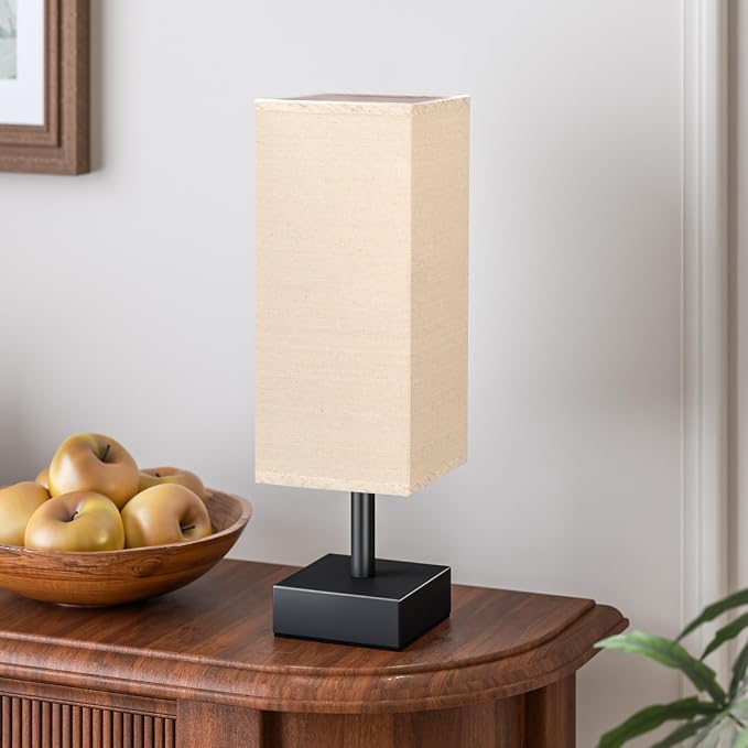 aooshine Small Bedside Table Lamp for Bedroom - Square Beige Fabric Shade | Inline Rocker Switch, Corded Electric, Bulb Not Included, 12.8" Mini Table Lamp for Nightstand, Desk, Dorm, Office