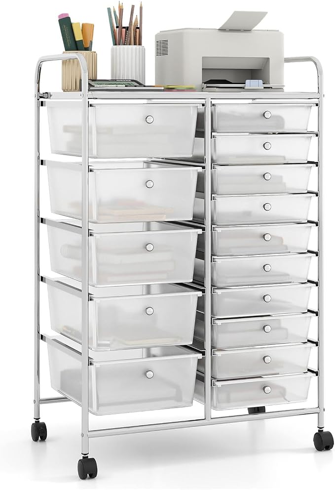 RELAX4LIFE 15-Drawer Rolling Storage Cart - Utility Cart with Metal Frame, Lockable Wheels & Removable Drawers, Multipurpose Art Craft Organizer for Home Office, Classroom (Clear)