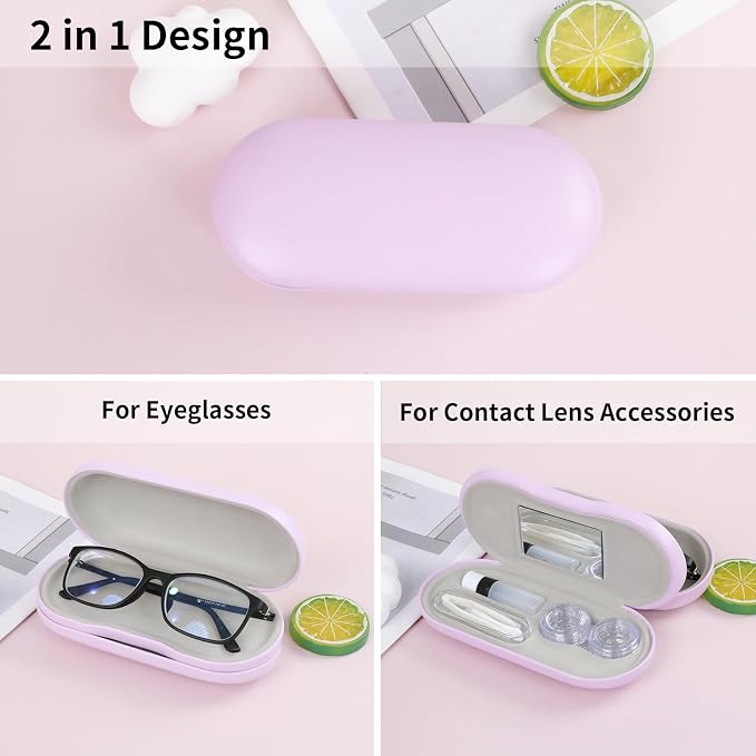 2 in 1 Contact Lens Case and Eyeglasses Case for Women Men Kids, Double Sided Hard Shell Portable Glasses Travel Holder with Built-in Mirror, Contact Lens Box (Purple)