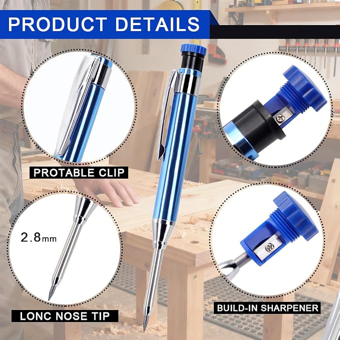 2.8mm Metal Carpenter Marking Pencils 2 Pack with 200 Refill Leads, Built-in Sharpener Tool Pencil for Woodworking, Deep Hole and Jobsite Marking, DIY, Cabinetry and Carpentry Projects (Gold)