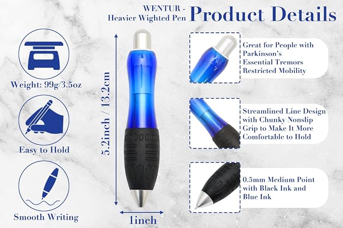 Weighted Pen for Hand Tremors Fat Pen for Arthritic Hands (1 Pack) | 4 Extra Ink Refill, With Storage Bag, 3.5 oz Heavy Large Wide Grip Pen for Parkinsons, Low Grip Strength, Carpal Tunnel