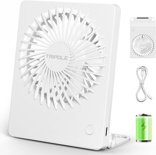 TriPole Mini Portable Desk Fan Rechargeable Ultra Quiet Small Fan 4.5 Inch Personal Travel Fan with 180° Tilt Folding and 3 Speeds Adjustable for Office Desktop Bedroom White