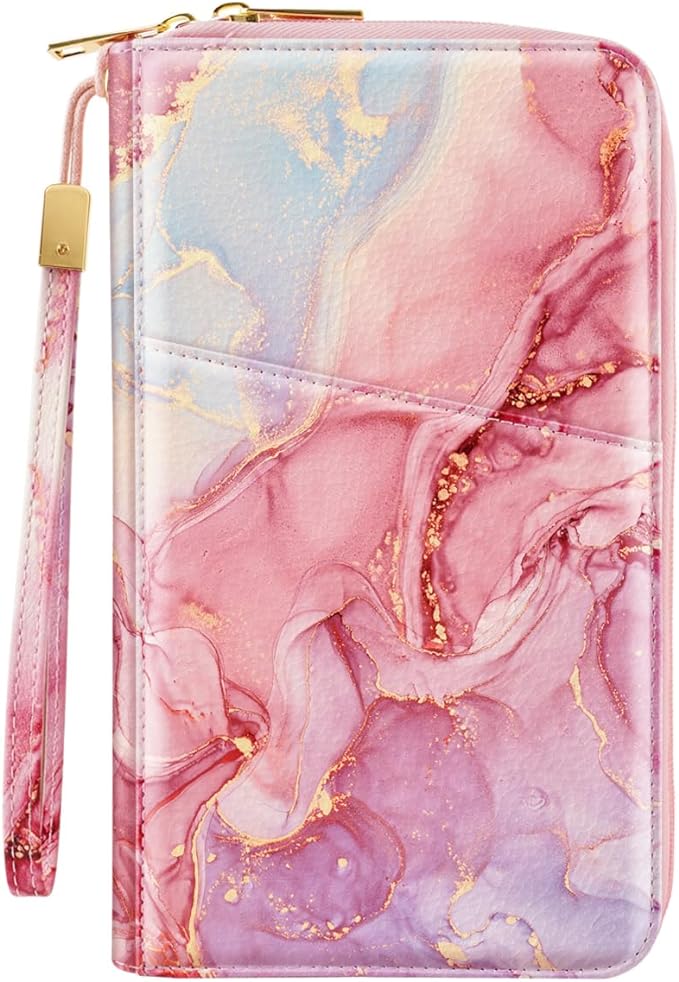 Family Passport Holder Wallet RFID Blocking Document Organizer | PU Leather Mulit-purpose Travel Wallet Credit Cards Case for Women Men, Pink Marble