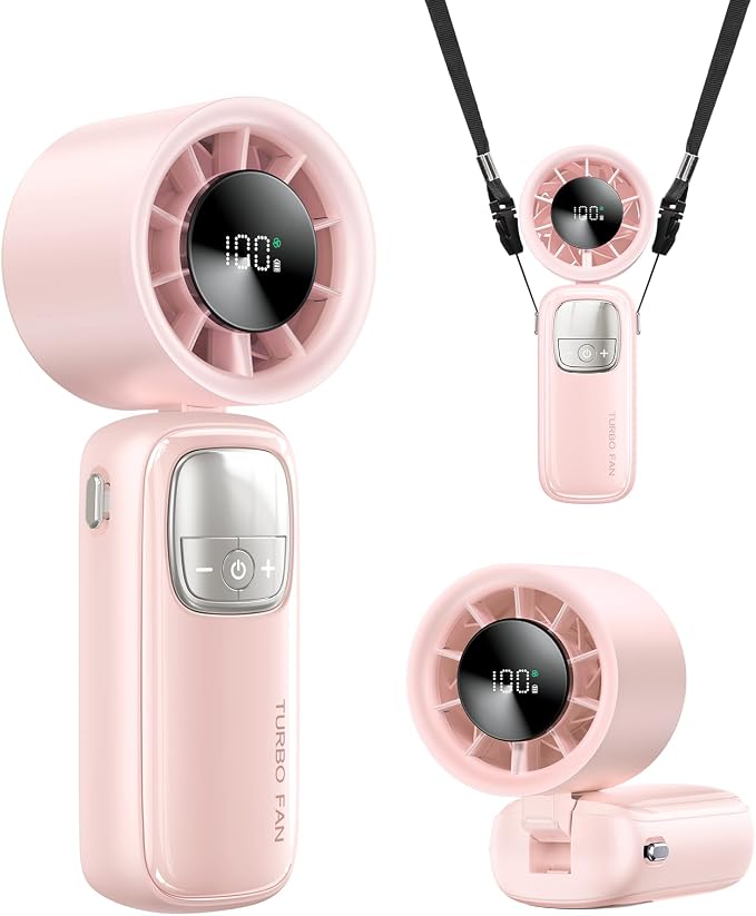 KIMMOO 3-in-1 Portable Handheld Turbo Fan-100 Speeds, 15000 RPM, 10Hrs Cooling, LED Display, 90° Rotation, Small Travel Fan, Mini Foldable Hand Held Personal Fan for Women Men (Pink)