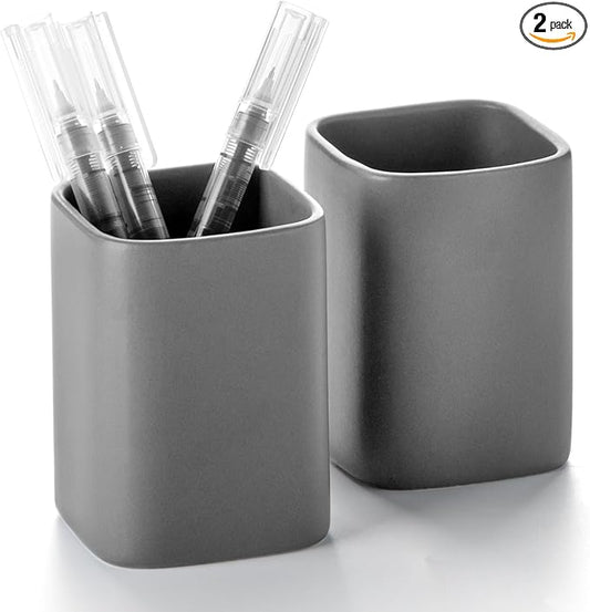 Pen Holder, 2 Pack Pencil Holder for Desk,Ceramic Pencil Cup Desk Organizer, Makeup Brush Holder Cute, Stationery Accessories for Office, School, Home (Matte gray)