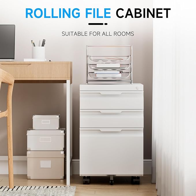 3 Drawer Mobile File Cabinet with Lock, Rolling File Cabinet with Wheels | Metal Small Filing Cabinet with Wheels for Home Office Storage, Fits Legal/A4/Letter/Document Size, Required Assembly, Black