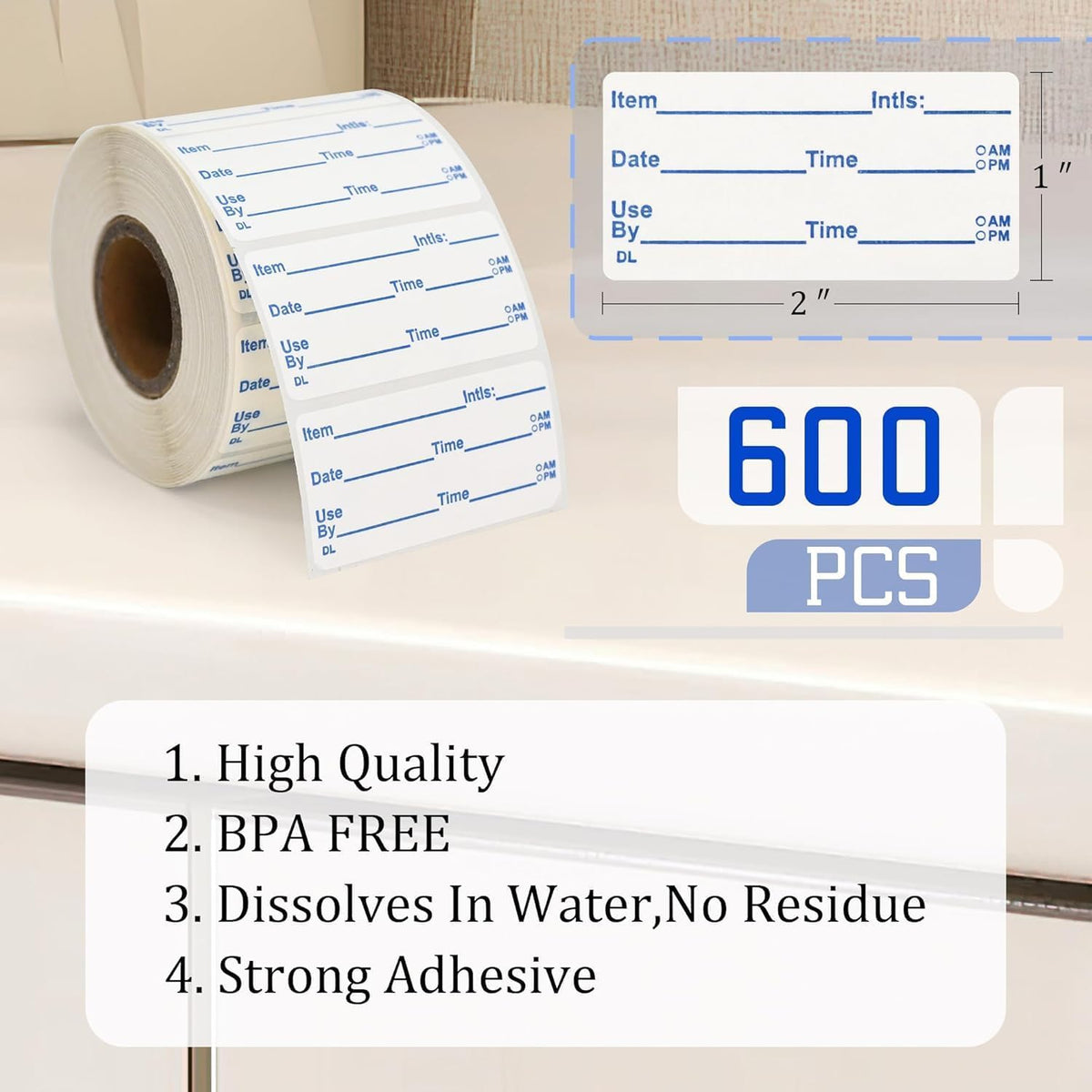 L LIKED 2x1 Dissolvable Labels, 600 Stickers, Use by Food Rotation Labels for Storage and Container (600, Blue)