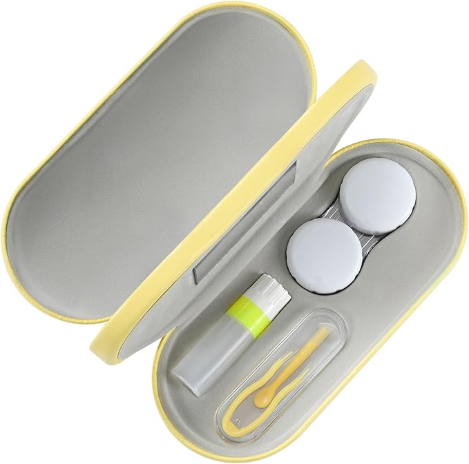 MoKo Double Eyeglass Case, Contact Lens Case with Mirror Tweezers Remover, 2 in 1 Double Sided Portable Contact Lens Box Holder Container Soak Storage Kit Sunglasses Pouch for Men & Women, Yellow
