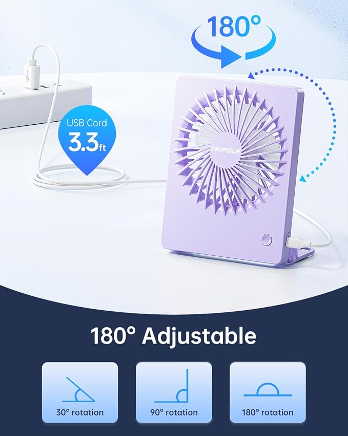 TriPole Mini Desk Fan USB Powered Portable Fan Small Personal Fan 3 Speeds Strong Airflow Table Fan for Travel Home Office Bedroom Desktop, 3.3ft Cable (No Battery, Purple)