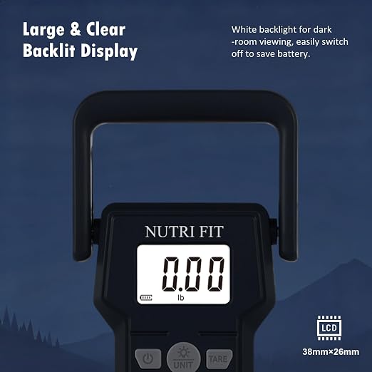 NUTRI FIT Luggage Weight Scale 110lb Hanging Luggage Scale for Suitcase | 0.1lb Precision, Max 110lb, 3.3ft Tape Measure, Backlit Screen, Lock Data, Large Hook, Ergonomic Grip, Portable Fishing Scale
