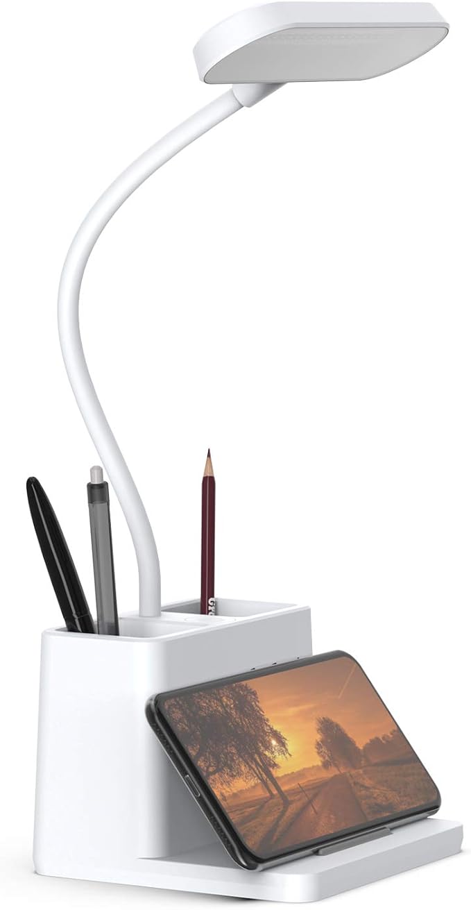 Small Desk Lamp, Rechargeable Cute Table Light for Kids Teens | for College Dorm Room, Home Office, Bedroom, White, LED, Pen Holder, Mini, Gooseneck, Computer Task, Desktop Study