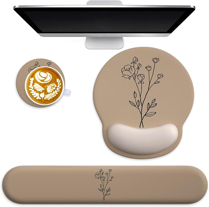 3 in 1 Ergonomic Mouse Pad and Keyboard Wrist Rest with Coaster Set-Brown | Cute Large Mousepad with Gel Wrist Support for Gaming Computer Laptop Women Office Home Desk Decor