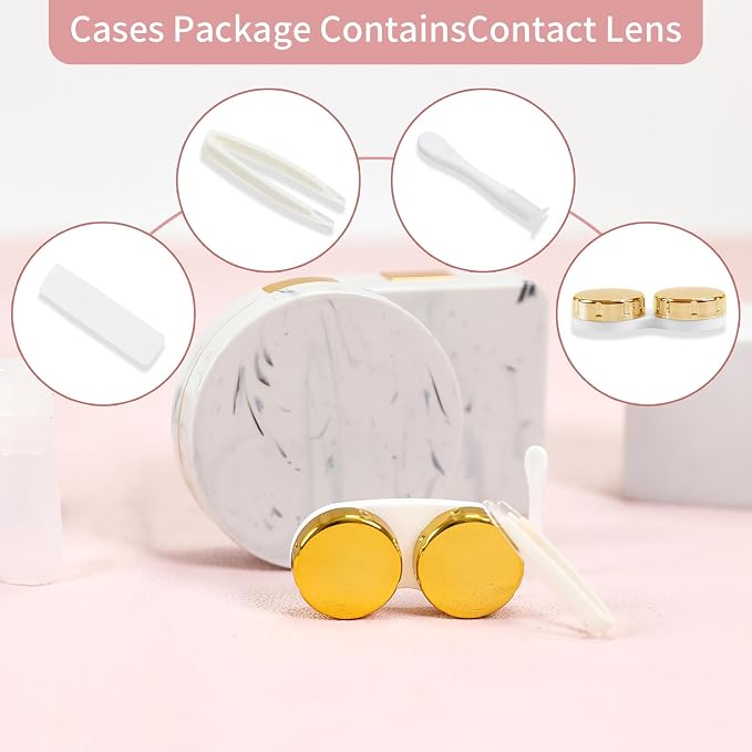 Contact Lens Case, 2 Pack Cute Portable Eye Contacts Travel Box with Mirror Colored Lenses Applicator Remover Tool Kit Solution Bottle for Daily Makeup Office Outdoor (Gold Marble)