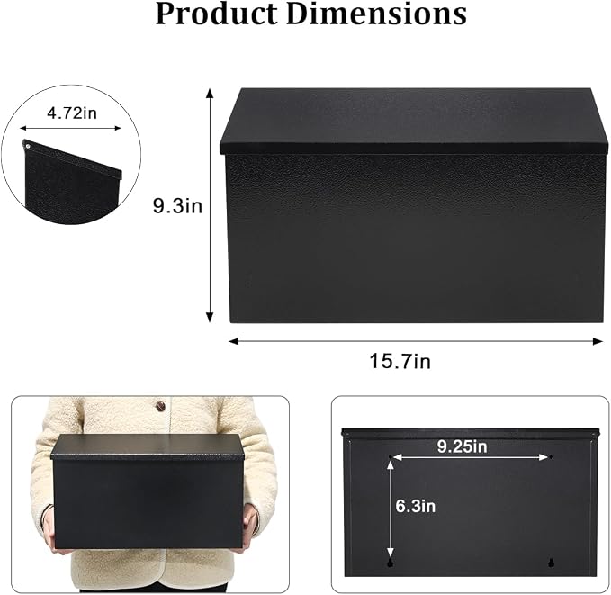 Decaller Large Capacity Mailbox, Wall Mount Mail Box for Letters & Small Packages, Rust-Proof Metal Post Box for Outside, 15.7" x 9.3" x 4.7", 08 Black