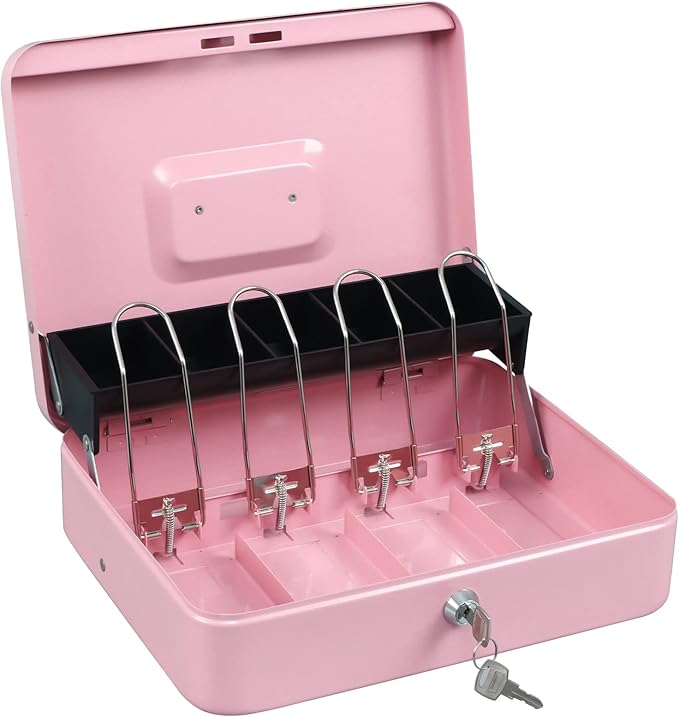 xydled Cash Box with Money Tray and Key Lock,Tiered, Cantilever Design,4 Bill / 5 Coin Slots,11.8" x 9.5" x 3.5",Pink