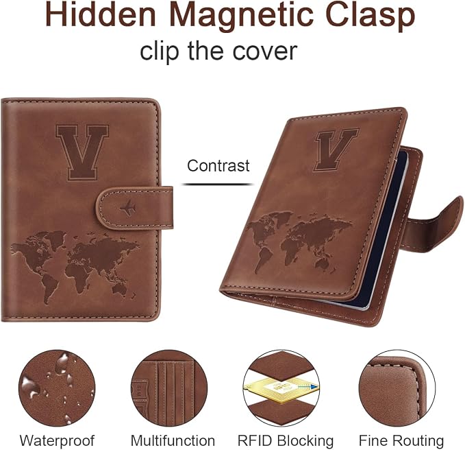 Passport Holder Wallet Cover Personalized Initial Travel Essentials | Embossed Letter A-Z Design, Travel Wallets, RFID Blocking, Passport Book Holders, Women Men, Personalized Gifts, Brown-V