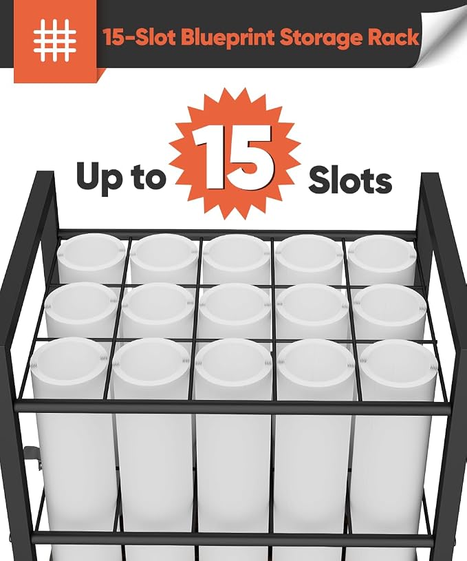 Blueprint Storage Rack Cart, 15 Slots Metal Rolling File Holder with Wheels & Adjustable Pads, Mobile Gift Wrapping Paper Organizer for Maps/Posters/Architectural Construction Plans, Black