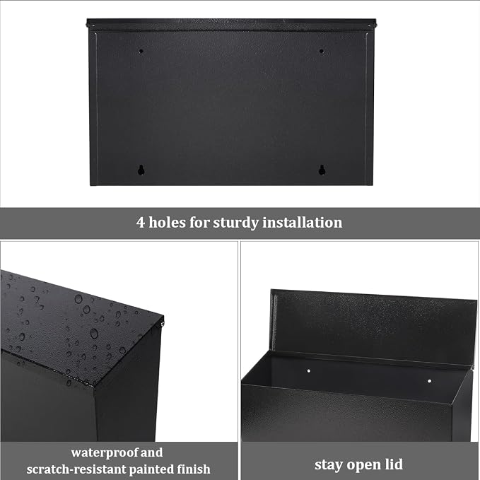 Decaller Large Capacity Mailbox, Wall Mount Mail Box for Letters & Small Packages, Rust-Proof Metal Post Box for Outside, 15.7" x 9.3" x 4.7", 08 Black