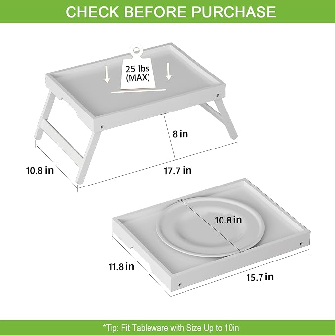 Youpehom Bamboo Bed Tray Tables with Folding Legs, Medium, 2-Pack, White | Two bamboo bed trays with folding legs and handles for meals, laptops, reading and serving in bed or on a sofa.