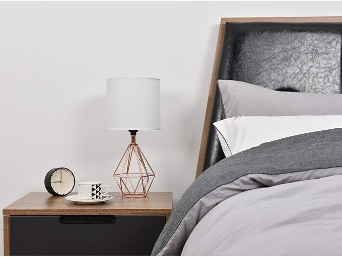 Rose Gold Bedside Table Lamp,Modern Small Desk Lamp with TC Fabric Shade Geometric Metal Base for Kids Living Room Bedroom Nightstand