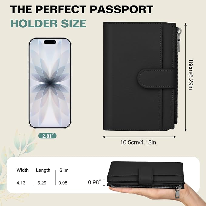 RFID Passport Holder for Travel, Leather Passport Wallet Cover with Airtag | with Airtag Slot, Card Cash Holders, Zippered Coins Pocket, for Women/Men, Gift Box, Travel Essentials, 4.1"L x 1"W x 6.3"H