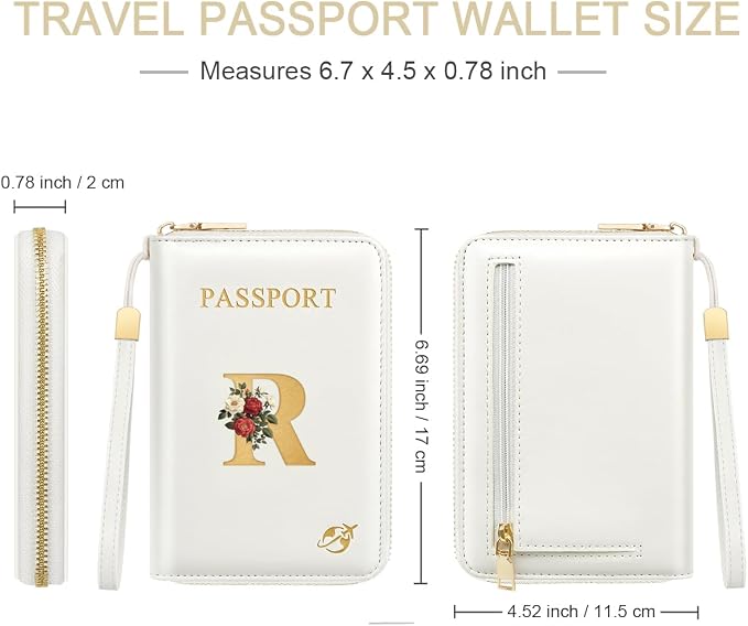 Passport Holder for Travel Personalized Wallet with Wristlet Women | All-in-One Passport Cover, RFID Blocking, Back Coin Pocket, Paper Money Slot, Zipper Closure, Roses Initial Letter, White R