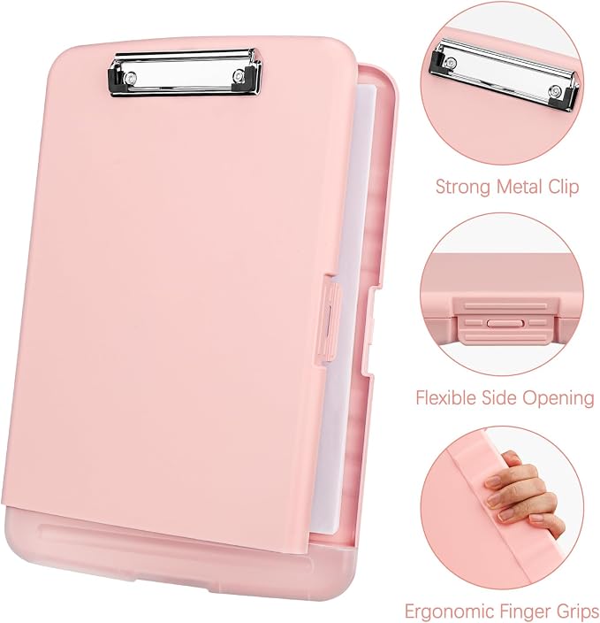 Meiikun Clipboard with Storage, Plastic Clipboards 8.5x11 with Pen Holder, High Capacity Nursing Clipboard Folder, Side Opening Storage Clip Board for Office Work Nurses Teachers (Light Pink)
