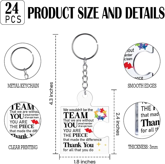 Team Appreciation Gifts Bulk Thank You Keychains for Coworkers | Gift Set for Employee, Staff, Teachers, Teamwork Puzzle Piece Keyring, Acrylic