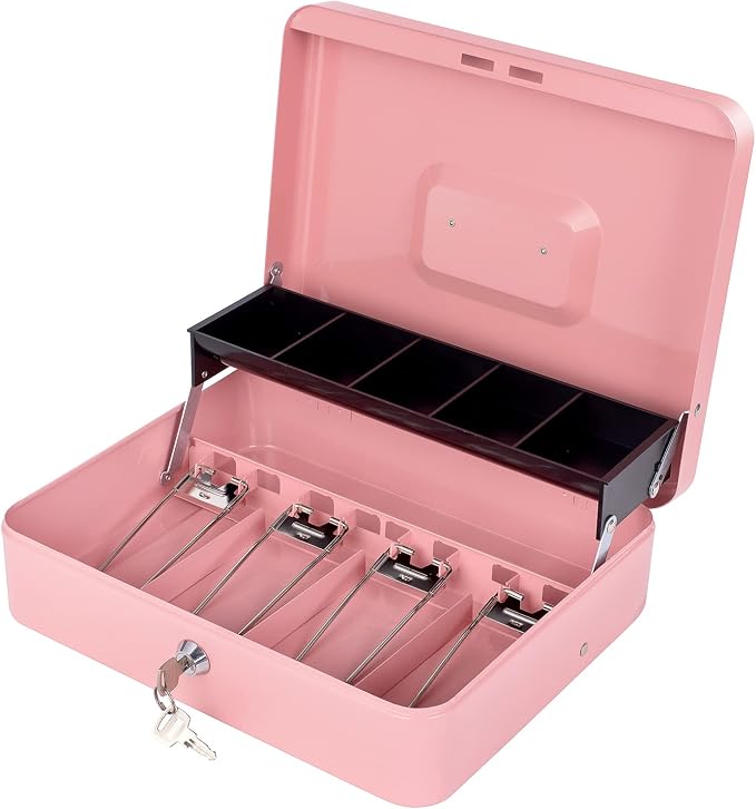 Cash Box with Money Tray and Lock - Metal Money Box for Cash Register, Large Lock Box for Money Safe 11.8" x 9.4" x 3.54" Pink