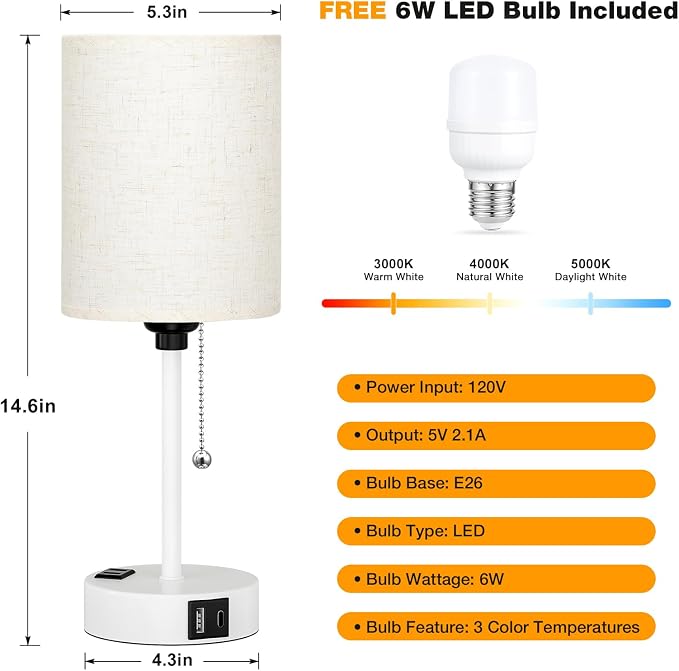Small Bedside Table Lamp for Bedroom, Desk Lamp with USB Ports for Dorm | USB A+C Ports, AC Outlet, 3 Color Temperatures, LED Bulb Included, Linen-Fabric Shade, Matte White Base, 14" Night Stand Lamp
