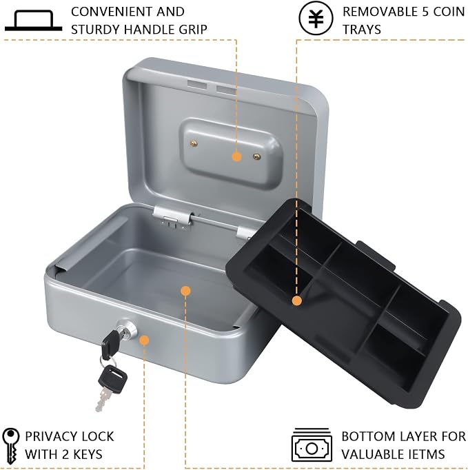 KYODOLED Medium Cash Box with Money Tray,Small Safe Lock Box with Key,Cash Drawer,7.87"x 6.30"x 3.54" Lightgrey Medium